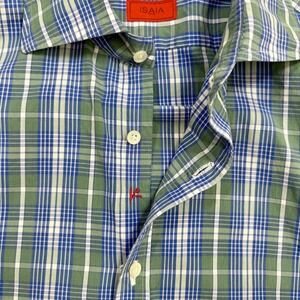 ISAIA Plaid Long Sleeve Dress Shirt Blue Green White 15.5 39 Made in Italy